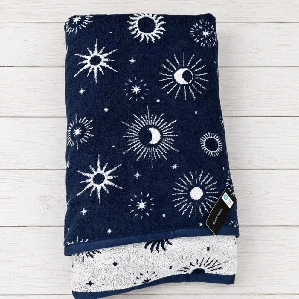 Rachel Zoe Navy Celestial Reversible Beach Towel 100% COTTON NWT Retro Boho